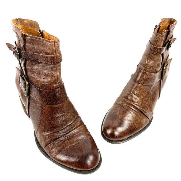 NAYA‎ Virtue Distressed Brown Leather Ruched Zip Buckle Ankle Boots - Picture 8 of 10